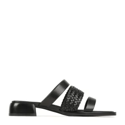 LATTICE LEATHER BLOCK HEEL SANDALS><noscript><img width=